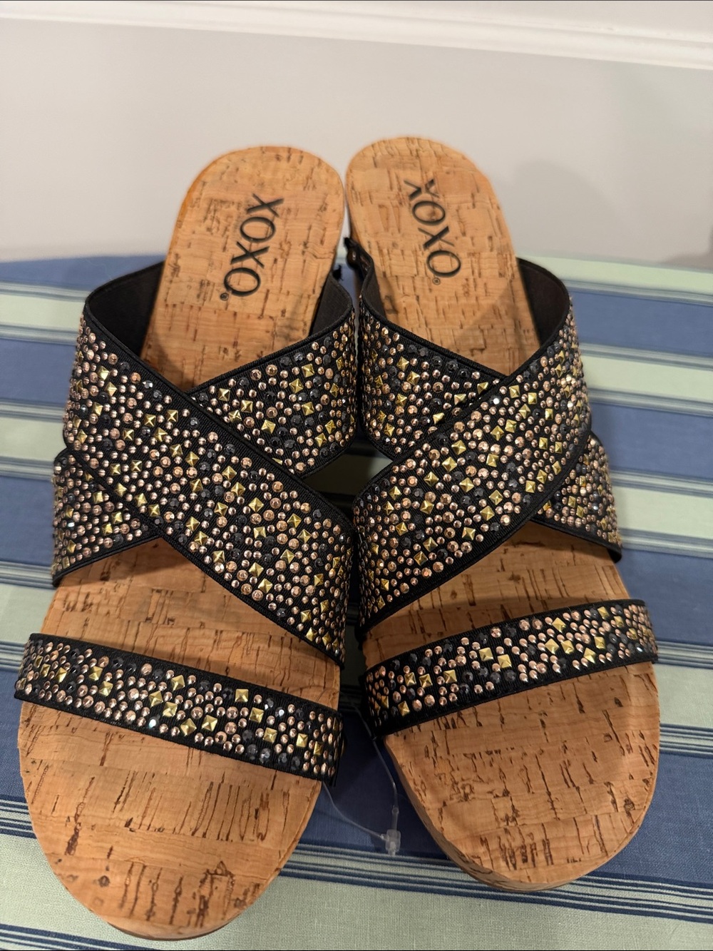 XOXO Black Multi-Crystal Cork Slide Sandals
